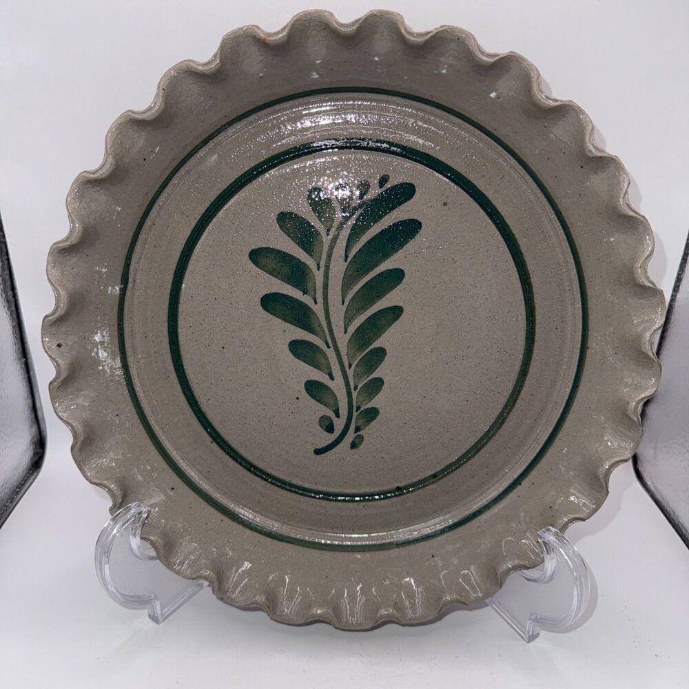 Handmade Ceramic Pie Dish Green Floral Design Round Original One-Piece